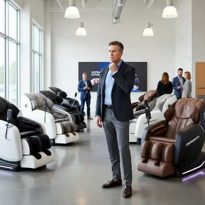 A person thoughtfully considering different massage chair features in a home showroom setting, emphasizing an informed choice.