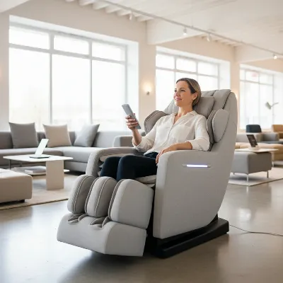 A person testing a compact massage chair in a modern showroom setting, demonstrating its features in a smaller space.