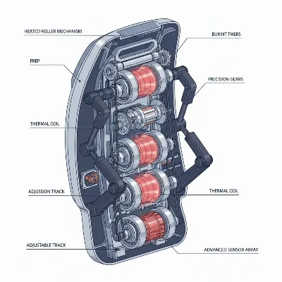 A detailed, close-up, illustrative cross-section of a massage chair's backrest, showing internal heated rollers with a gentle red glow, emphasizing the mechanical parts and heat elements.