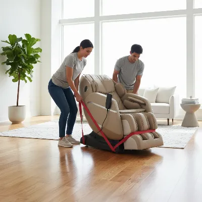 Heavy massage chair being moved by two people using moving straps, focusing on careful technique.