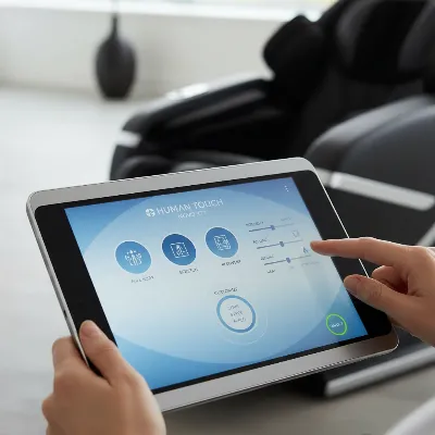 Close-up of the Human Touch Novo XT2 massage chair's control panel or app interface, highlighting its advanced features