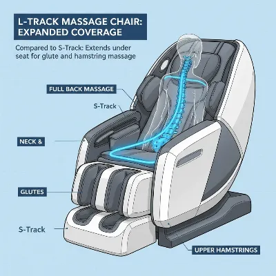 Diagram illustrating the extended coverage of an L-Track massage chair, showing rollers from neck down to glutes and hamstrings.