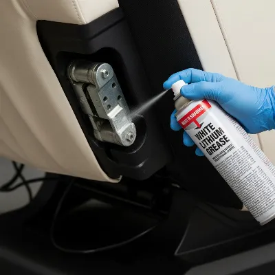 A hand applying white lithium grease to a massage chair's pivot point