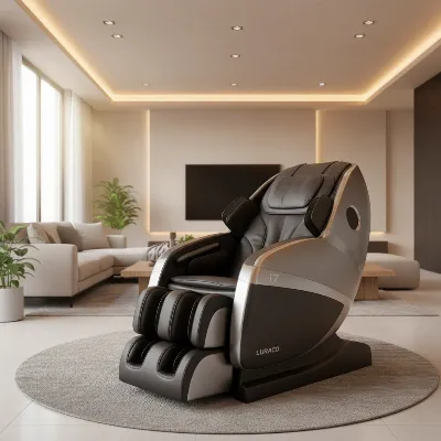 Luraco i7 PLUS massage chair demonstrating its 'Made in USA' quality with a subtle flag design element, within a modern, clean living room setting, soft ambient lighting, realistic style