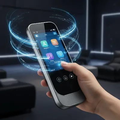 A close-up shot of the Luraco i7 PLUS touchscreen remote control with a human hand interacting, surrounded by subtle glowing indicators, representing its advanced intelligent control, dark modern setting, high-tech aesthetic