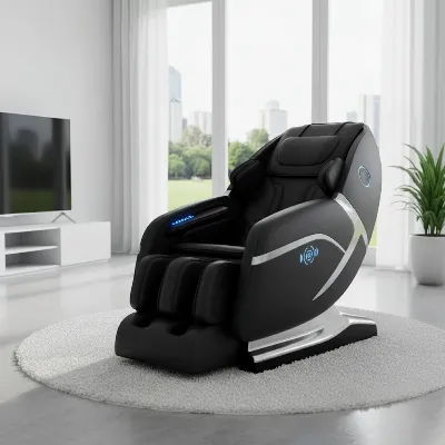 A modern black massage chair with blue ambient lighting and subtle built-in Bluetooth speakers playing soft music, set in a minimalist living room with natural light.