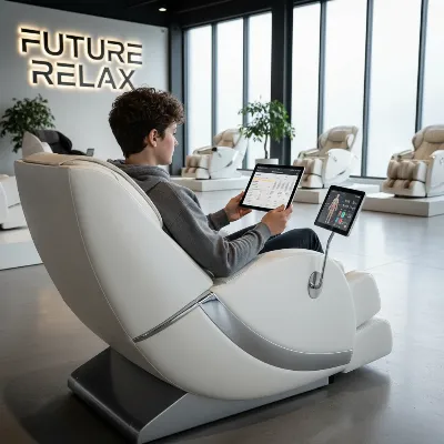 A person carefully examining features of a modern massage chair in a showroom setting.