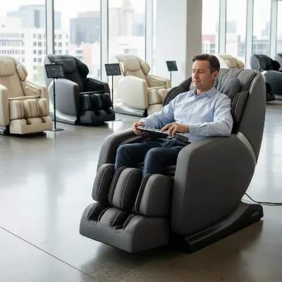 A person sitting comfortably in a modern massage chair in a showroom, trying out different settings with a tablet remote, contemplating their purchase. The showroom is well-lit with several chairs displayed.