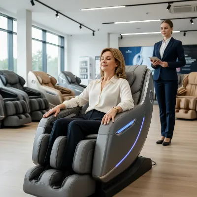 Woman trying a massage chair in a showroom, illustrating the importance of a personal test drive before purchase