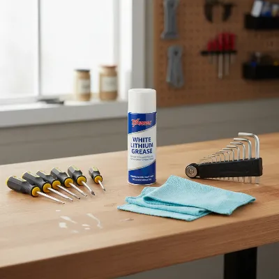 Tools for fixing a squeaky massage chair, including lubricant and screwdrivers