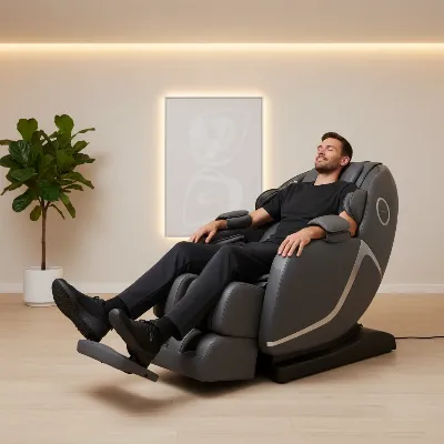 A tall man relaxing in a massage chair with an automatically extended footrest, showing his legs fully supported.
