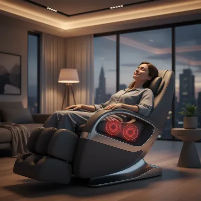 A person experiencing deep back relief in a modern massage chair with visible heated rollers glowing subtly on their lower back, surrounded by a serene home environment, soft ambient lighting, realistic style.