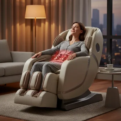 A person relaxing in a modern, luxurious massage chair, specifically targeting the lower back with heat therapy and rollers, in a serene home environment, soft lighting, realistic style