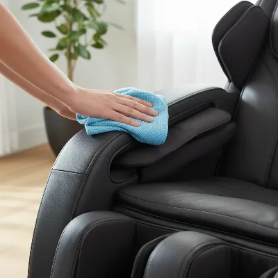 Hands cleaning a modern massage chair with a soft cloth.