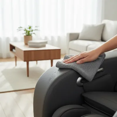 A person gently cleaning a premium massage chair with a soft cloth, illustrating proper care and maintenance.