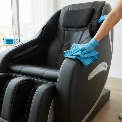 Person cleaning the upholstery of a massage chair with a soft cloth.