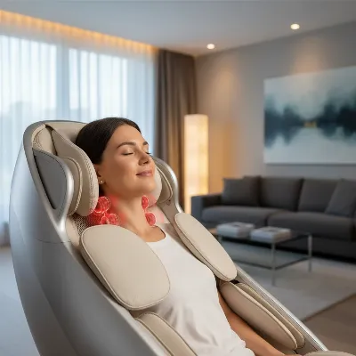Person relaxing in a modern massage chair with neck and shoulder massage mechanisms.