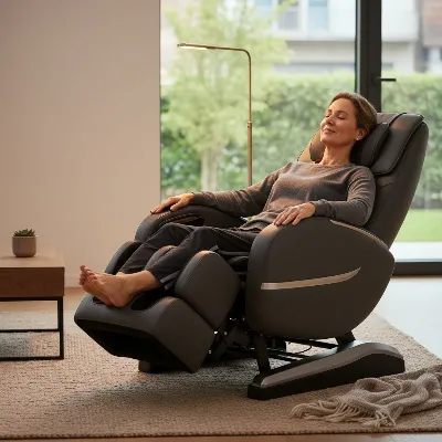 Person demonstrating proper posture in a massage chair for sciatica relief