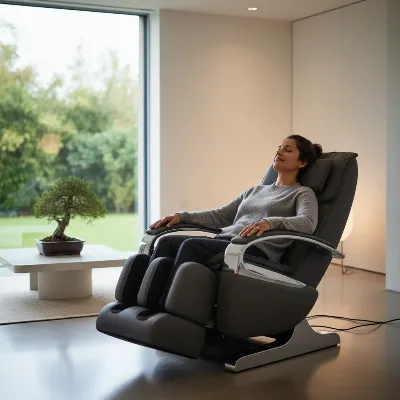 A person relaxing in a modern home massage chair, looking peaceful and stress-free, with a serene home background.