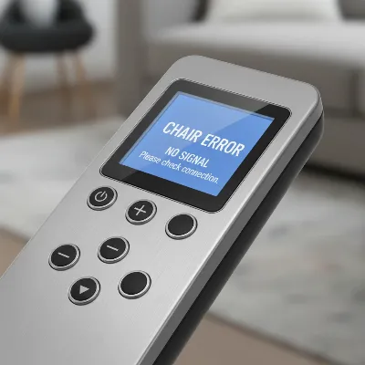 A massage chair remote displays a 'No Signal' or 'Error' message.