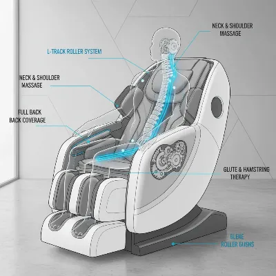 Illustration of an L-track massage chair roller path for sciatica relief