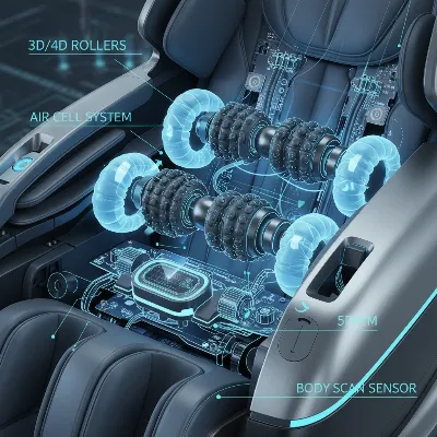 Close-up of a massage chair's intricate internal mechanism, highlighting its advanced rollers and body-scanning technology.
