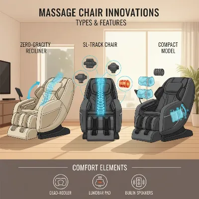 Different types of full body massage chairs with varied features for home relaxation.