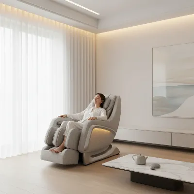 A person relaxing in a modern, comfortable budget massage chair with light gray upholstery in a minimalist living room setting, showcasing gentle warmth and peacefulness.