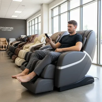 A tall man trying a large massage chair in a showroom, assessing its fit and comfort.