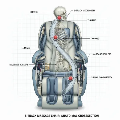 Anatomical illustration of an S-Track massage chair showing rollers following the spine's S-curve from neck to lower back.