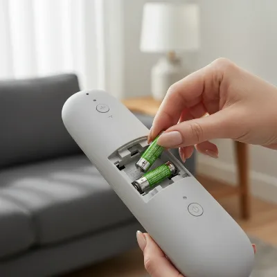 A hand inserts new batteries into a wireless massage chair remote.