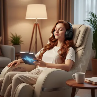A woman with headphones on, eyes closed, deeply relaxed in a modern massage chair with a tablet remote, gentle blue light, and a cup of tea on a side table in a cozy home setting. 
