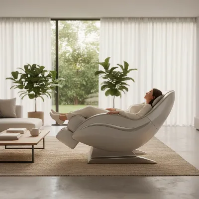 A person relaxing in a modern zero gravity massage chair in a minimalist living room, with soft ambient lighting and a sense of calm.