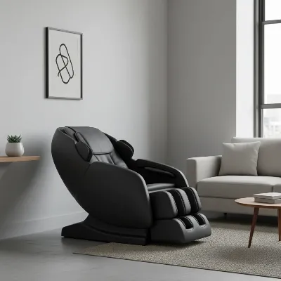 A modern zero-wall massage chair demonstrating its space-saving recline in a compact apartment living room, with minimal clearance from the wall.